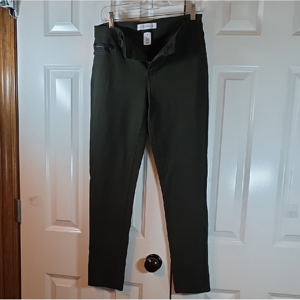 Calvin Klein Pants Women 8 Olive Green Good Slim Leg Ponte Faux Leather Trim